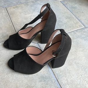 Slightly used madden girl black suede shoes with 3” block heel and ankle strap